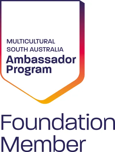 White shield badge with gradient border; Multicultural South Australia Ambassador Program.