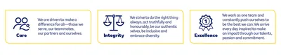 Three rounded white panels with blue icons and text: Care, Integrity, Excellence.