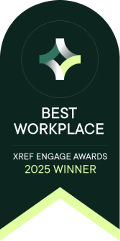 Dark green award badge; reads BEST WORKPLACE, XREF ENGAGE AWARDS, 2025 WINNER.
