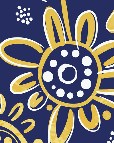 Navy background with large gold-outlined sunflowers and small white dot accents.