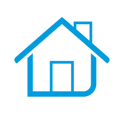 Blue outline of a house-like shape above a green square on a transparent background.
