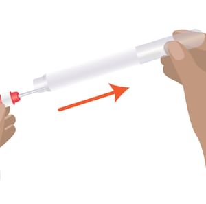 Two hands hold a syringe with a red plunger; an orange arrow shows injection direction.