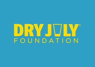 Dry July Foundation logo in yellow on blue with a glass icon between DRY and JULY.