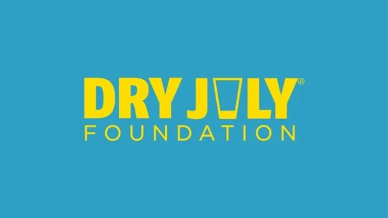 Dry July Foundation logo in yellow on blue with a glass icon between DRY and JULY.