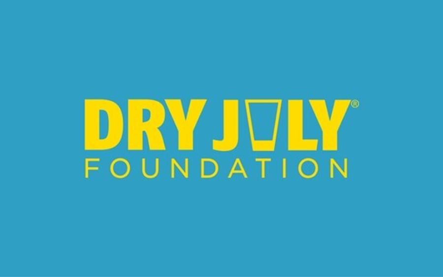 Dry July Foundation logo in yellow on blue with a glass icon between DRY and JULY.