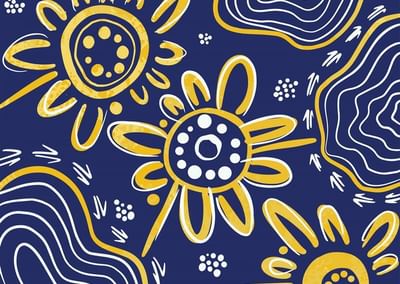Indigenous artwork in yellow with a navy background.