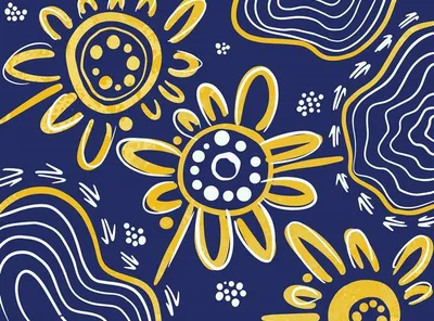 Indigenous artwork in yellow with a navy background.