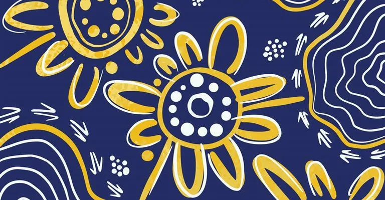 Indigenous artwork in yellow with a navy background.