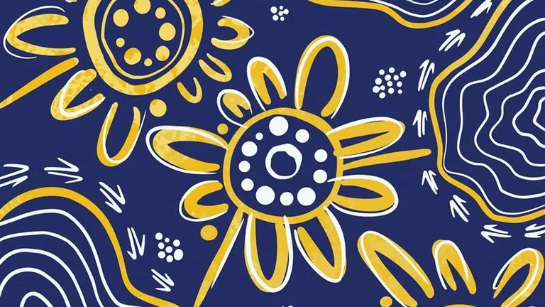 Indigenous artwork in yellow with a navy background.