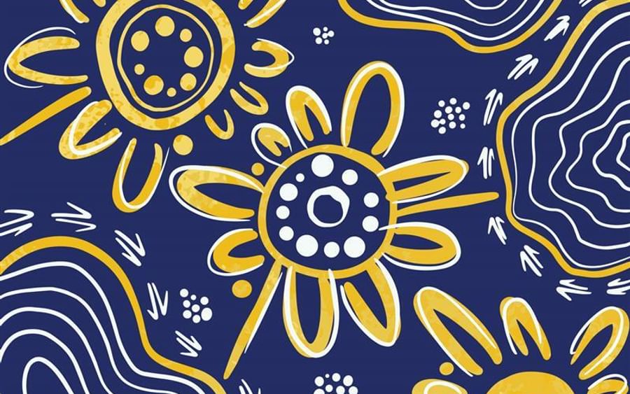 Indigenous artwork in yellow with a navy background.