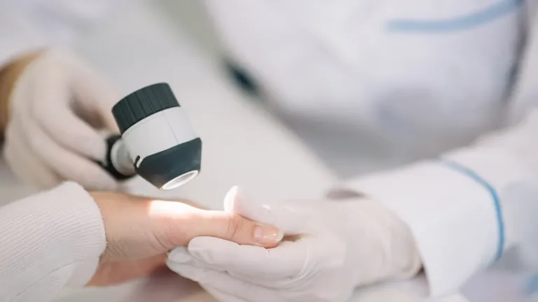 Close-up of a gloved clinician using a dermatoscope on a patient's fingertip.