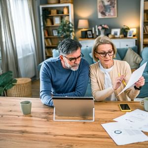Two adults sit at a wooden table in a cosy living room, reviewing documents with a tablet.