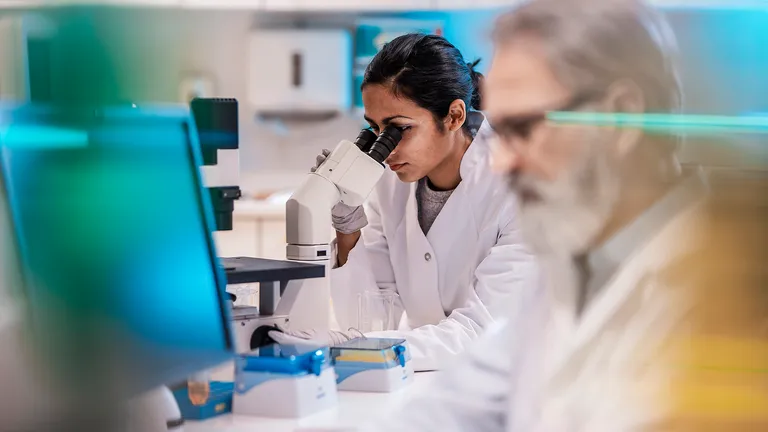 Two researchers in a lab, one man on a computer and one woman looking under a microscope.