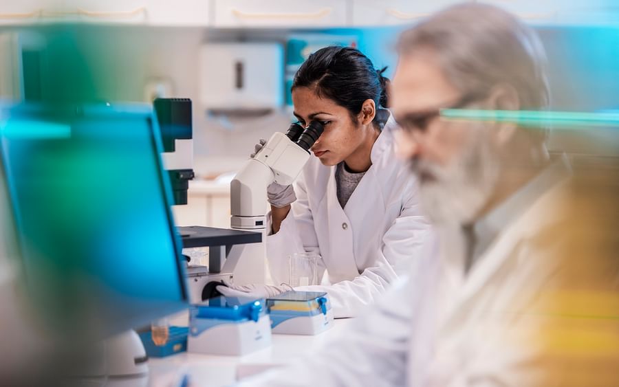 Two researchers in a lab, one man on a computer and one woman looking under a microscope.