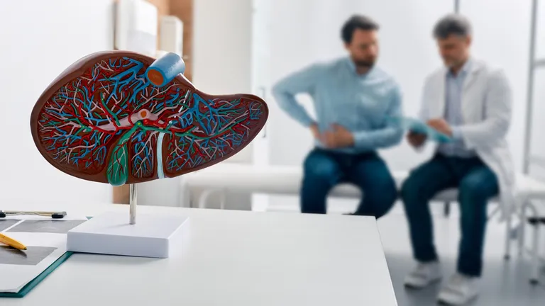Detailed kidney model with red and blue vessels on a stand; two clinicians discuss in background.
