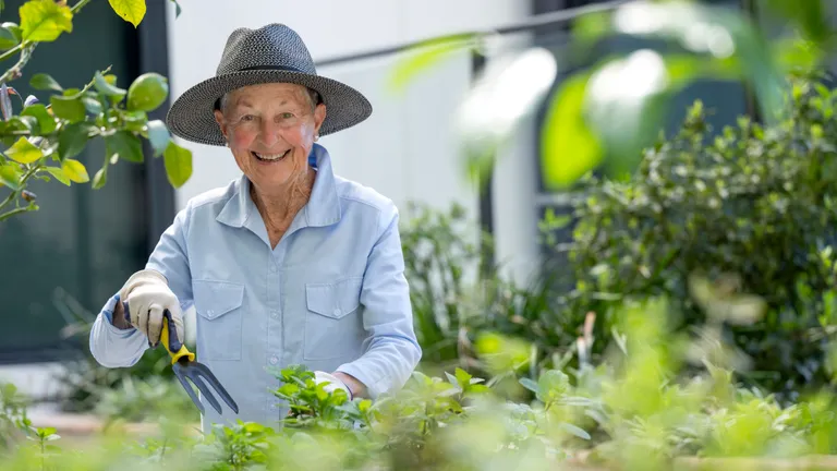 Smiling person tending plants in a garden, wearing a hat, gloves, light blue shirt, using a rake.