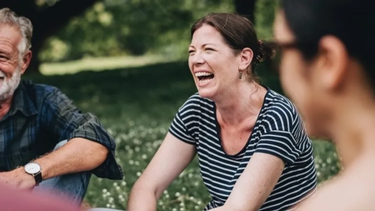A group of people laughing together outdoors in a sunny park.