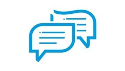 Two overlapping blue chat speech bubbles with lines of text.