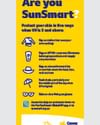 Bright yellow SunSmart poster with five tips and icons: hat, sunscreen, sunglasses, shirt, shade.