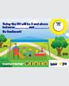 Colorful cartoon park scene with children playing, trees, slide, and sun showing UV info.
