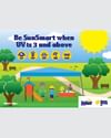 Colorful park scene with people, trees, and a Be SunSmart UV banner.