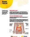 Medical infographic about bowel cancer with a torso diagram showing highlighted intestines.