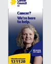 Smiling person with curly hair in a blue top on a Cancer Council SA ad; yellow banner with 131120