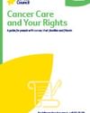Brochure cover: 'Cancer Care and Your Rights' with logos and a yellow abstract graphic.
