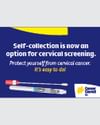 Blue promotional banner with white text announcing self-collection for cervical screening and logos.