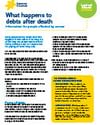 Fact sheet: What happens to debts after death, with multiple text columns and a yellow box.