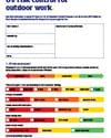 Poster on UV risk control for outdoor work with red-to-green bars showing risk levels and controls.