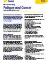 Pamphlet page: 'Understanding Fatigue and Cancer' from Cancer Council with blue headings and bullet lists.