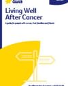 Cover of Living Well After Cancer by Cancer Council, featuring a blue header and yellow abstract shapes.