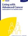 Poster titled Living with Advanced Cancer featuring a yellow curved shape and two stick figures.