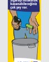 Turkish anti-smoking poster showing two hands near a trash can discarding a cigarette, purple banner.