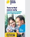 Two people looking at a Cancer Council SA cancer screening poster with 131120 helpline.
