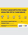 Bright yellow banner with blue text: five ways to protect yourself when the UVI is 3 and above.