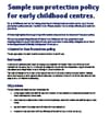 Document: Sample sun protection policy for early childhood centres, blue header, bulleted sections.
