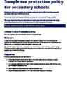 Policy titled Sample sun protection policy for secondary schools with blue headings.
