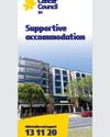 Poster advertising supportive accommodation, featuring a modern building by a city street.