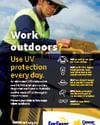 Outdoor worker in a helmet and a yellow shirt; sun protection poster with UV tips and SunSmart logos.