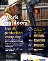 Outdoor worker in helmet and sunglasses; UV protection message on poster.