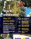 Outdoor worker in sun wearing a hat; UV protection message with SunSmart and Cancer Council logos