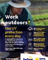 Person gardening outdoors wearing a wide-brimmed hat; bold yellow text about UV protection.