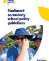 Group of students in blue SunSmart shirts and hats outdoors; central student wearing sunglasses.