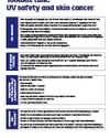 Poster titled Toolbox talk: UV safety and skin cancer, blue left column with bullet-point sections.