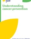 Understanding cancer prevention poster with green and yellow abstract shapes on white background.