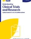 Cover of a Cancer Council guide: Understanding Clinical Trials and Research, blue and yellow design.