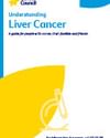 Poster from Cancer Council: Understanding Liver Cancer; blue header, yellow arc, bike graphic.