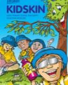 Bright cartoon of kids in swim gear and goggles outdoors with palm trees.
